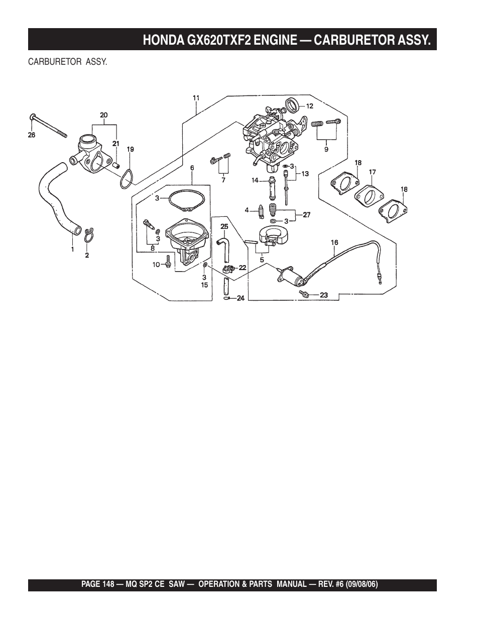 Honda gx620txf2 engine — carburetor assy | Multiquip SP2 SCE20H20 User Manual | Page 148 / 158