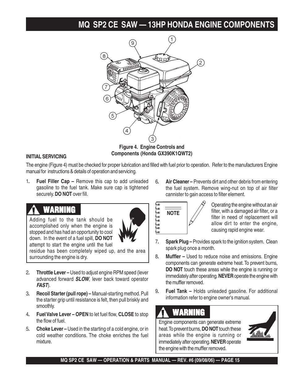 Mq sp2 ce saw — 13hp honda engine components, Warning | Multiquip SP2 SCE20H20 User Manual | Page 15 / 158