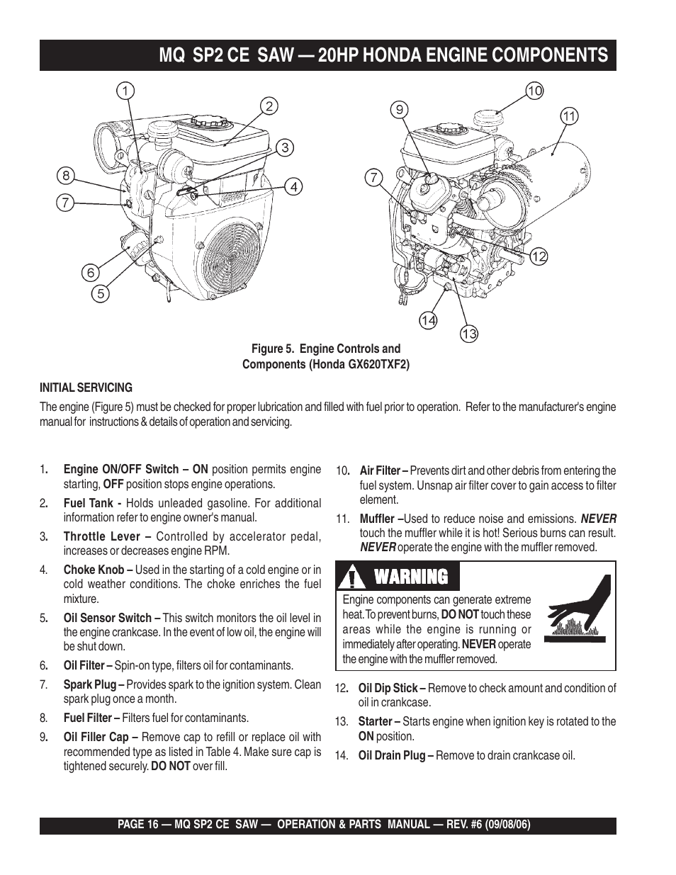 Mq sp2 ce saw — 20hp honda engine components, Warning | Multiquip SP2 SCE20H20 User Manual | Page 16 / 158