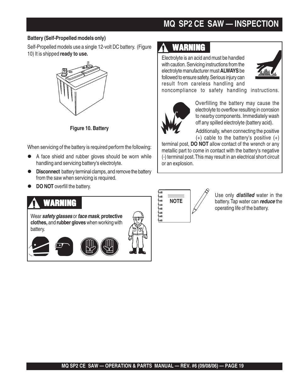 Mq sp2 ce saw — inspection, Warning | Multiquip SP2 SCE20H20 User Manual | Page 19 / 158