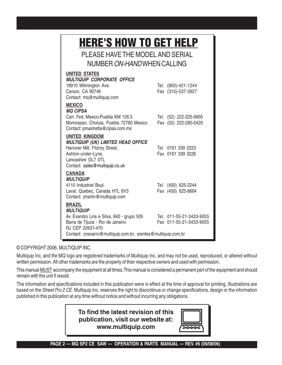 Here's how to get help, On-hand, Please have the model and serial number | When calling | Multiquip SP2 SCE20H20 User Manual | Page 2 / 158