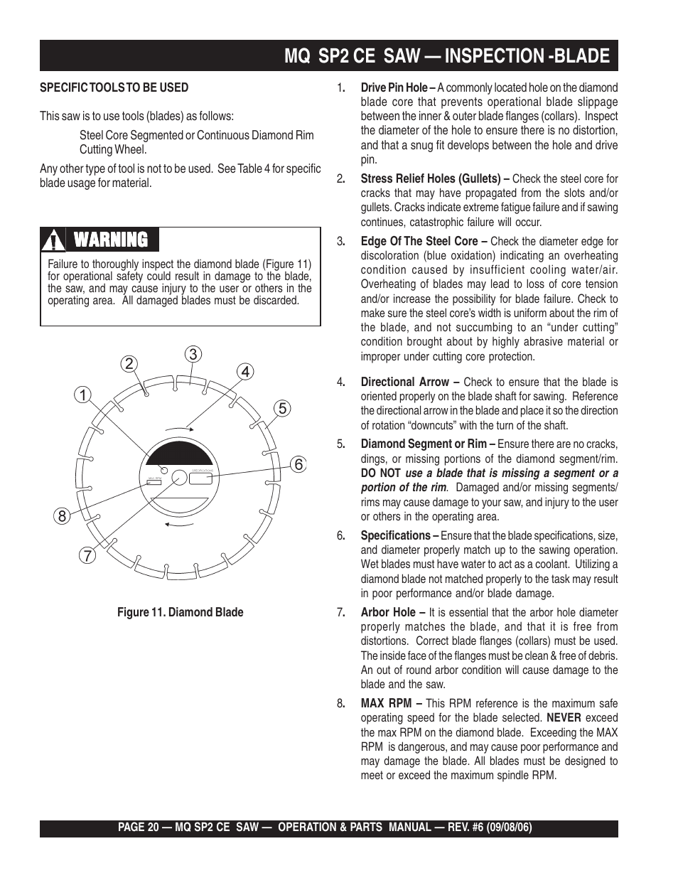 Mq sp2 ce saw — inspection -blade, Warning | Multiquip SP2 SCE20H20 User Manual | Page 20 / 158