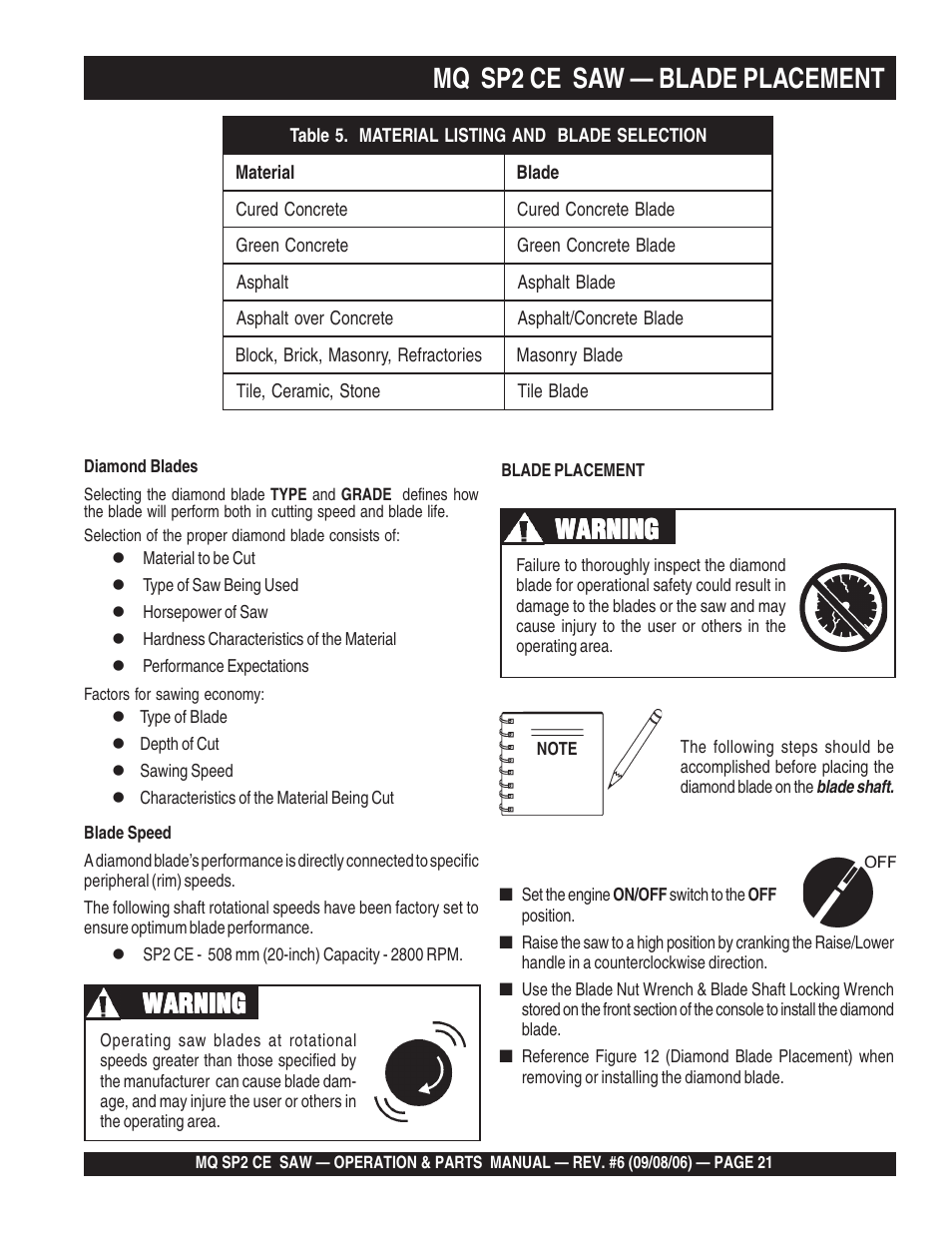 Mq sp2 ce saw — blade placement, Warning | Multiquip SP2 SCE20H20 User Manual | Page 21 / 158