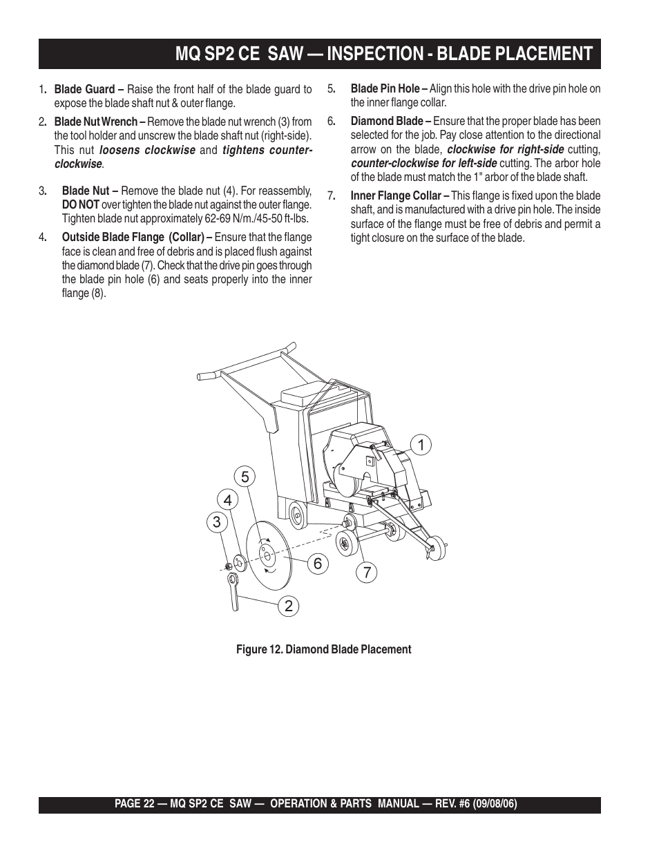 Mq sp2 ce saw — inspection - blade placement | Multiquip SP2 SCE20H20 User Manual | Page 22 / 158