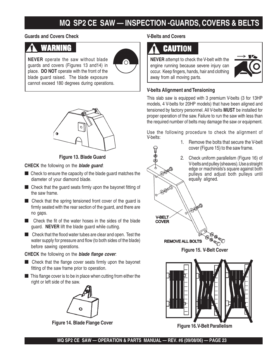 Mq sp2 ce saw — inspection -guards, covers & belts, Warning, Cauti | Cauti caution | Multiquip SP2 SCE20H20 User Manual | Page 23 / 158