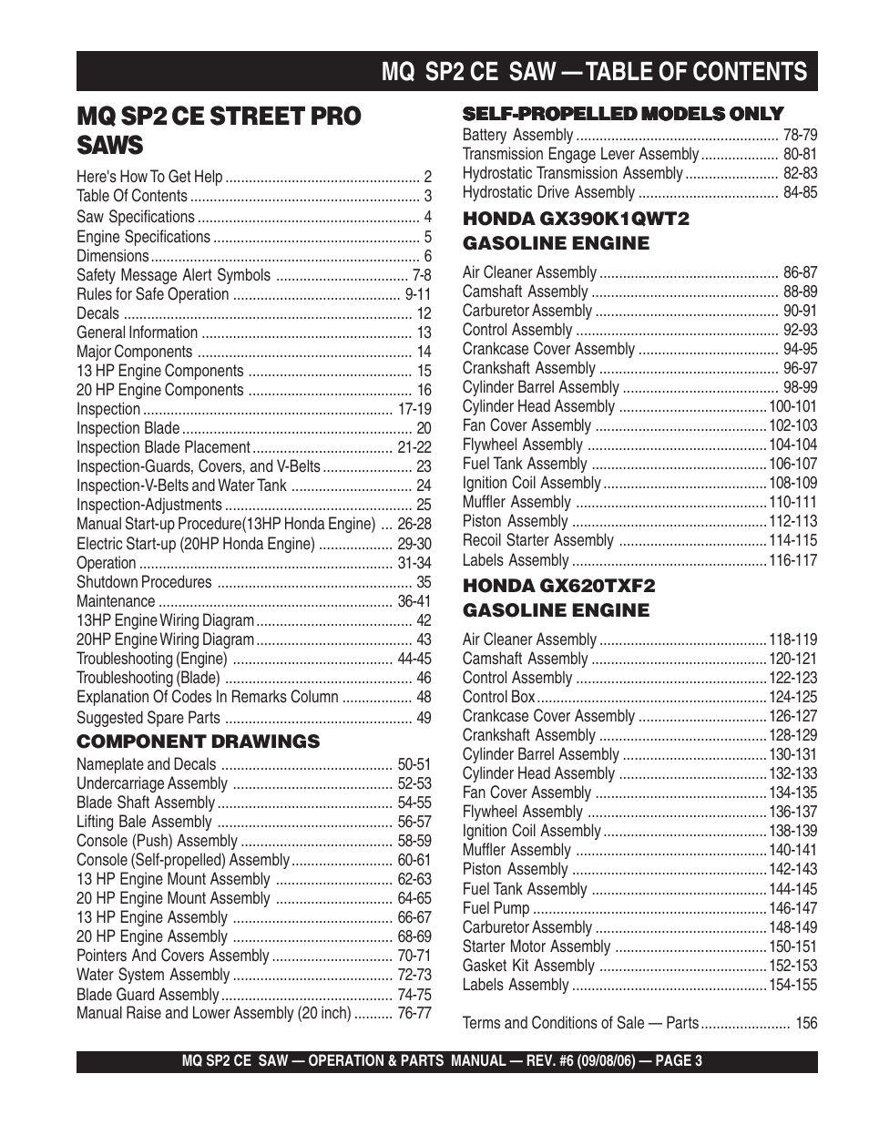 Mq sp2 ce saw — table of contents, Mq sp2 ce street pro saws | Multiquip SP2 SCE20H20 User Manual | Page 3 / 158