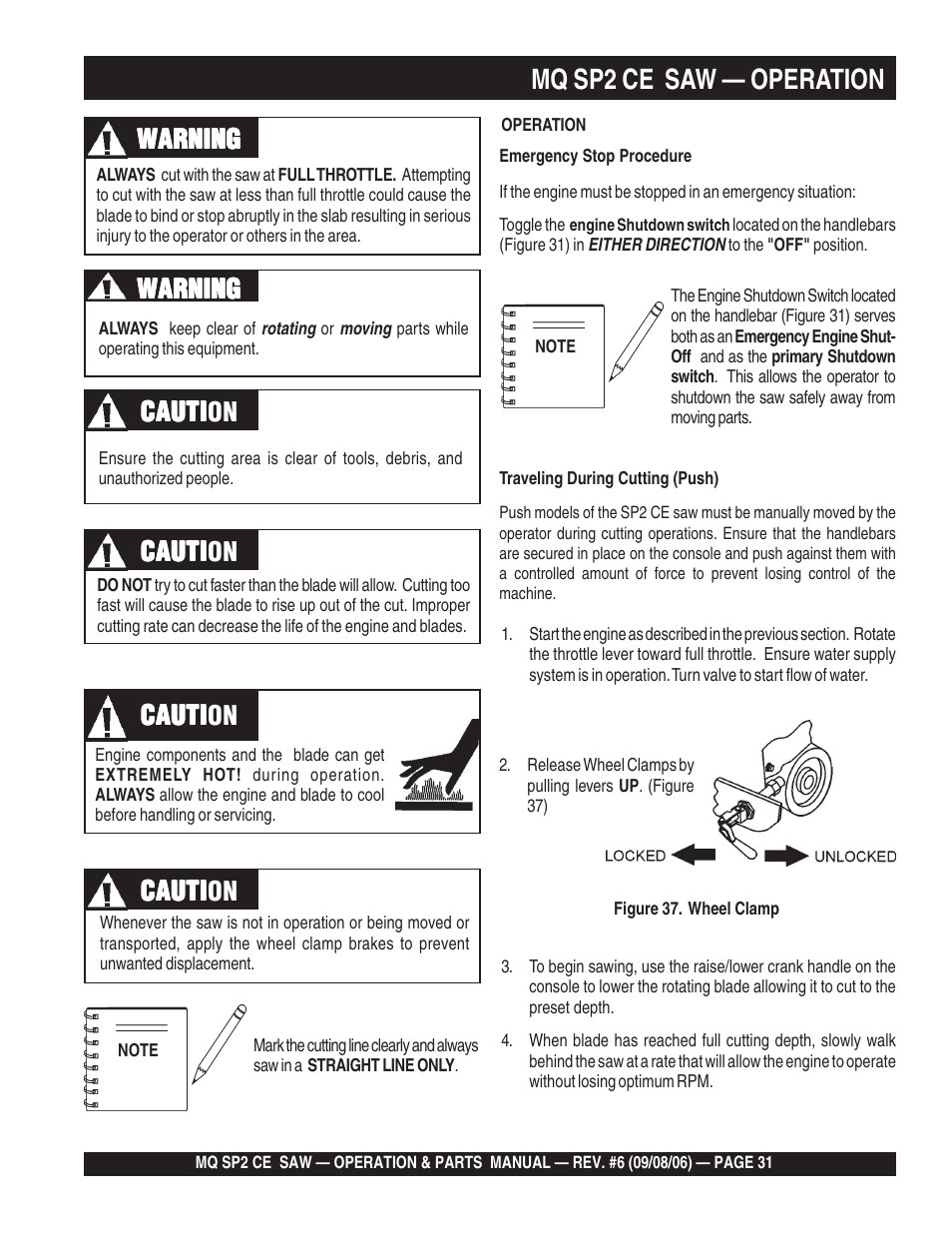 Mq sp2 ce saw — operation, Cauti | Multiquip SP2 SCE20H20 User Manual | Page 31 / 158