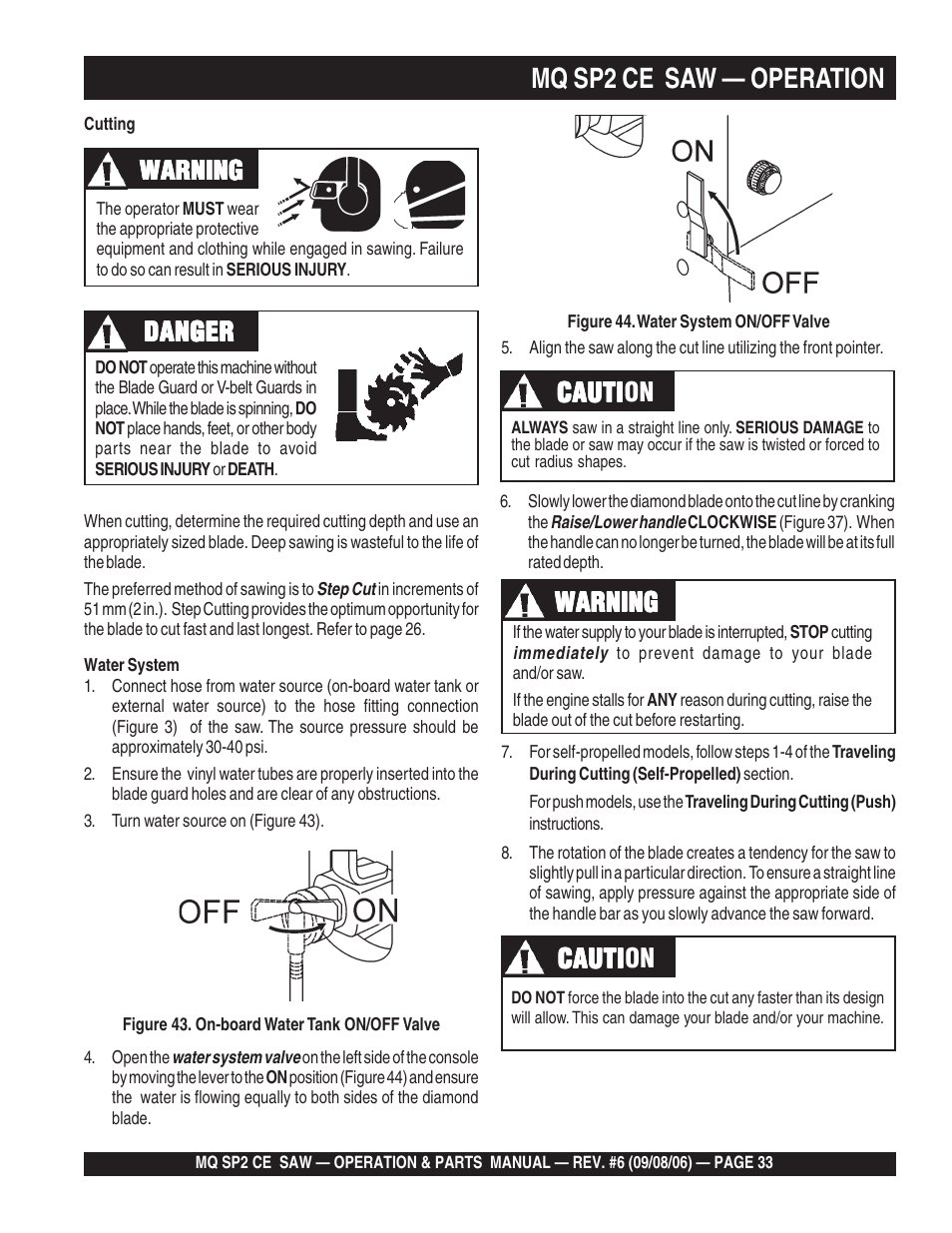 Mq sp2 ce saw — operation, Warning, Cauti | Danger, Cauti caution | Multiquip SP2 SCE20H20 User Manual | Page 33 / 158