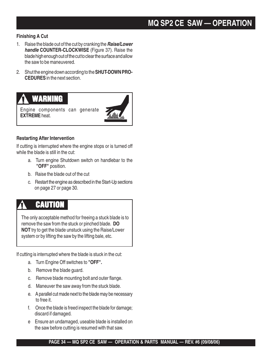 Mq sp2 ce saw — operation, Warning, Caution | Multiquip SP2 SCE20H20 User Manual | Page 34 / 158
