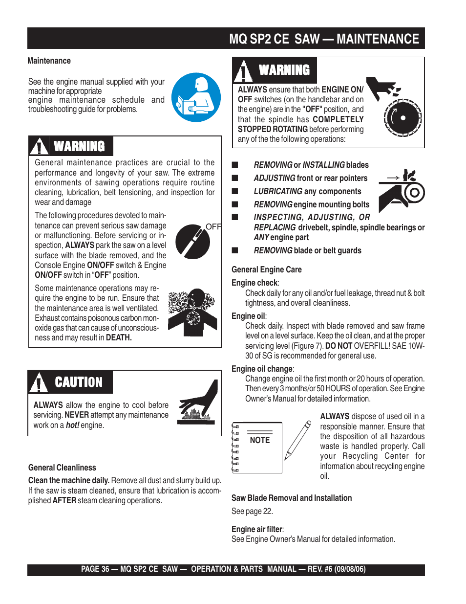 Mq sp2 ce saw — maintenance, Warning, Warning cauti cauti cauti cauti caution | Multiquip SP2 SCE20H20 User Manual | Page 36 / 158