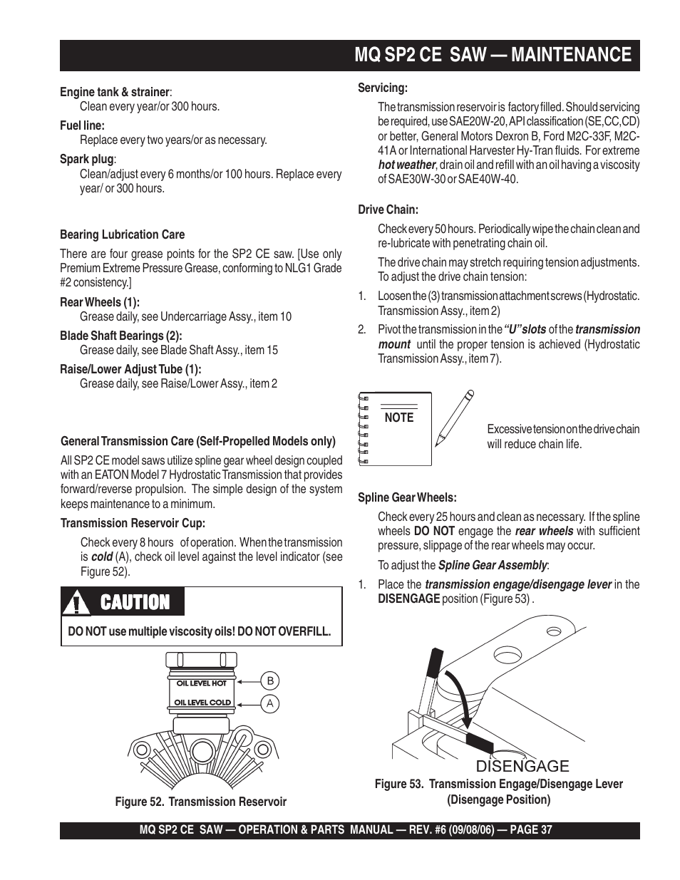 Mq sp2 ce saw — maintenance, Caution | Multiquip SP2 SCE20H20 User Manual | Page 37 / 158