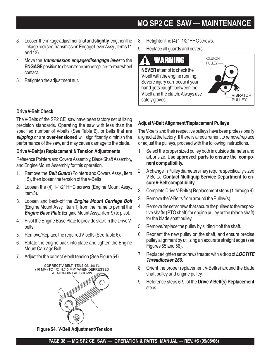 Mq sp2 ce saw — maintenance, Warning | Multiquip SP2 SCE20H20 User Manual | Page 38 / 158