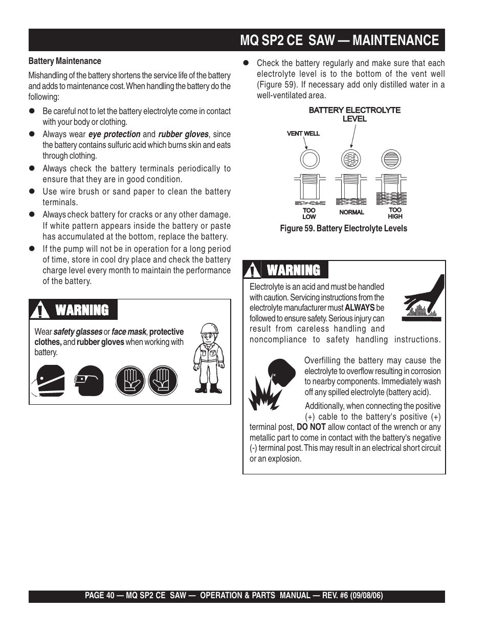 Mq sp2 ce saw — maintenance, Warning | Multiquip SP2 SCE20H20 User Manual | Page 40 / 158