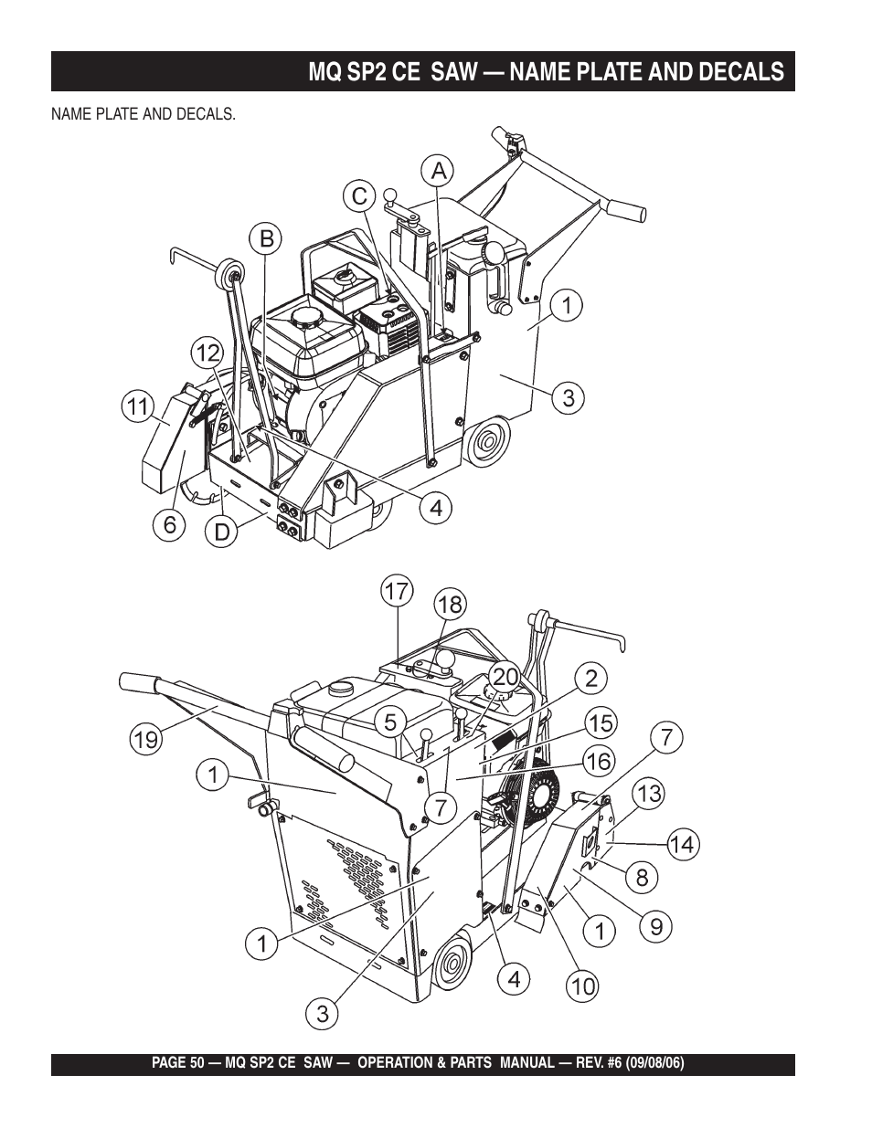 Mq sp2 ce saw — name plate and decals | Multiquip SP2 SCE20H20 User Manual | Page 50 / 158