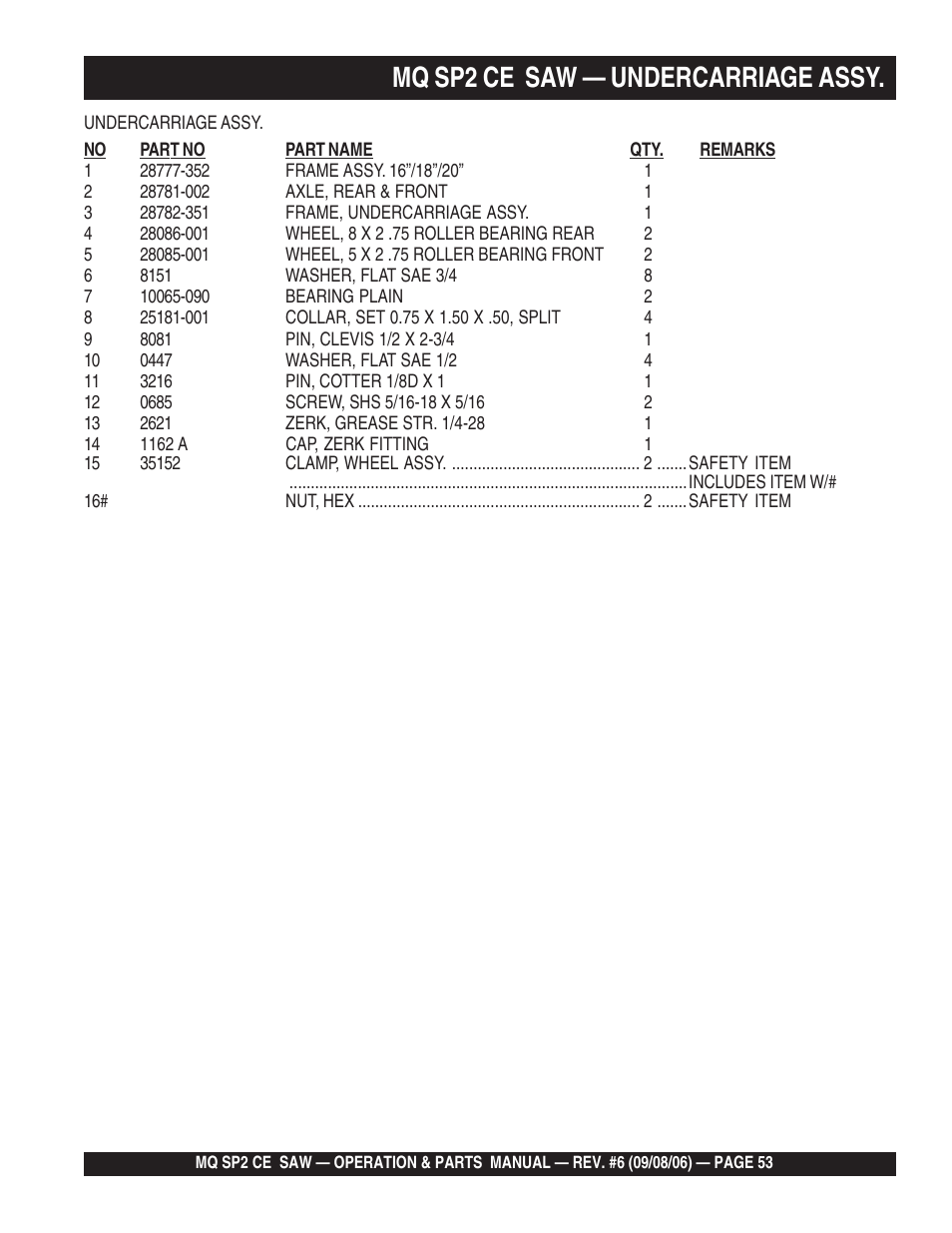 Mq sp2 ce saw — undercarriage assy | Multiquip SP2 SCE20H20 User Manual | Page 53 / 158