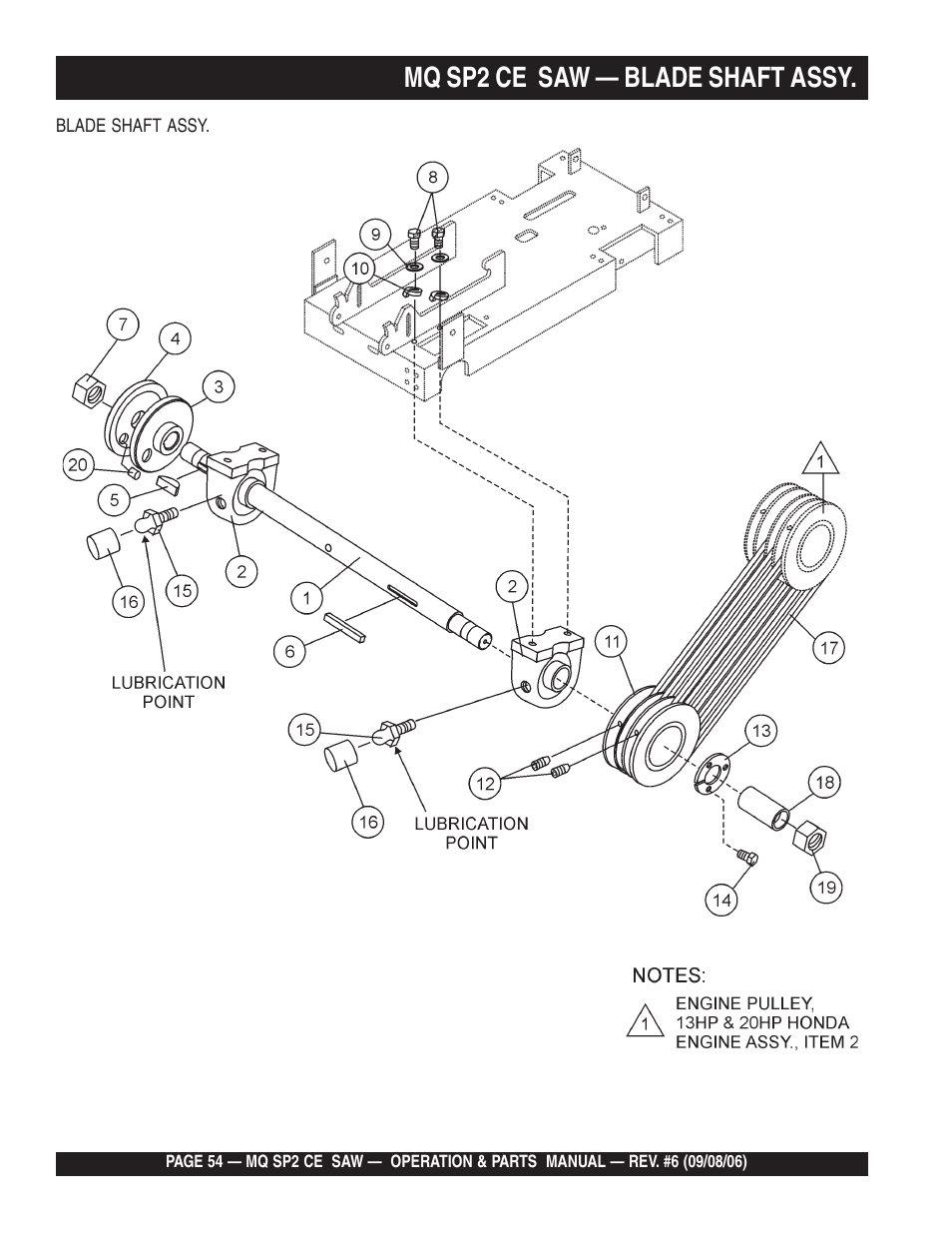 Mq sp2 ce saw — blade shaft assy | Multiquip SP2 SCE20H20 User Manual | Page 54 / 158