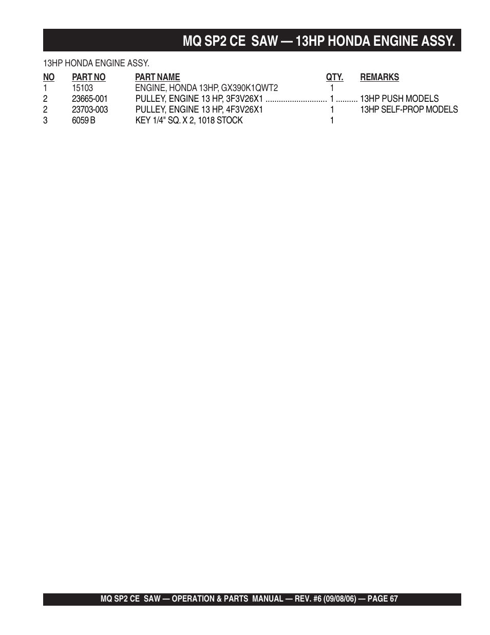 Mq sp2 ce saw — 13hp honda engine assy | Multiquip SP2 SCE20H20 User Manual | Page 67 / 158