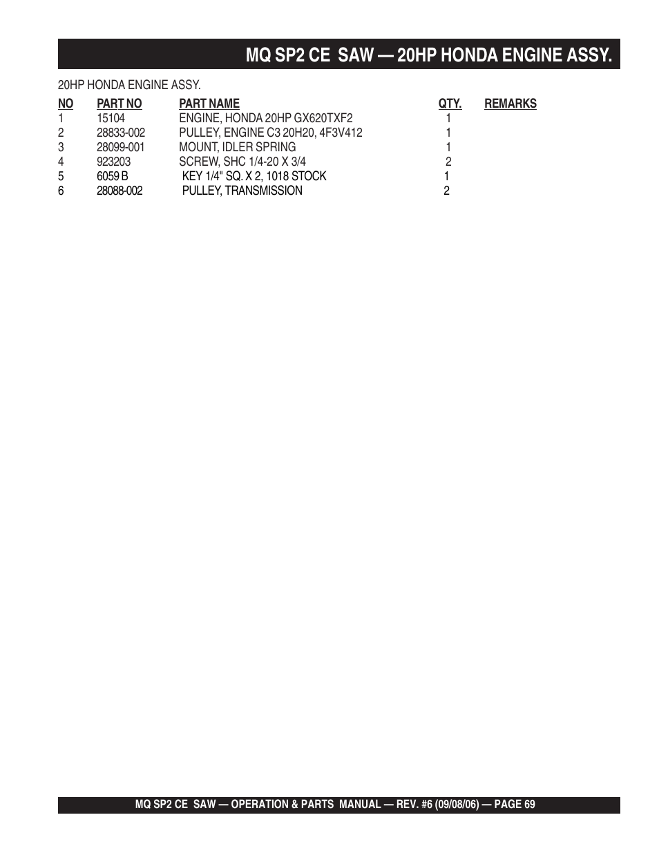 Mq sp2 ce saw — 20hp honda engine assy | Multiquip SP2 SCE20H20 User Manual | Page 69 / 158