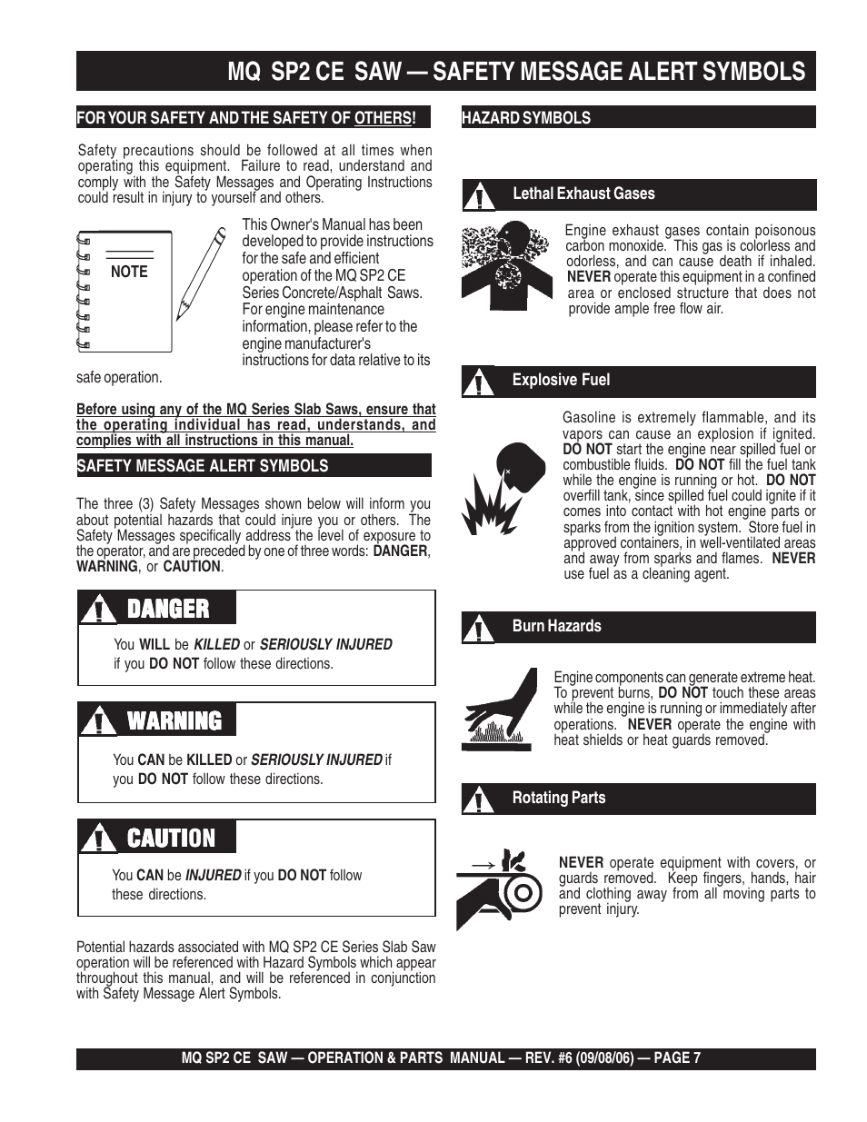 Mq sp2 ce saw — safety message alert symbols, Cauti | Multiquip SP2 SCE20H20 User Manual | Page 7 / 158