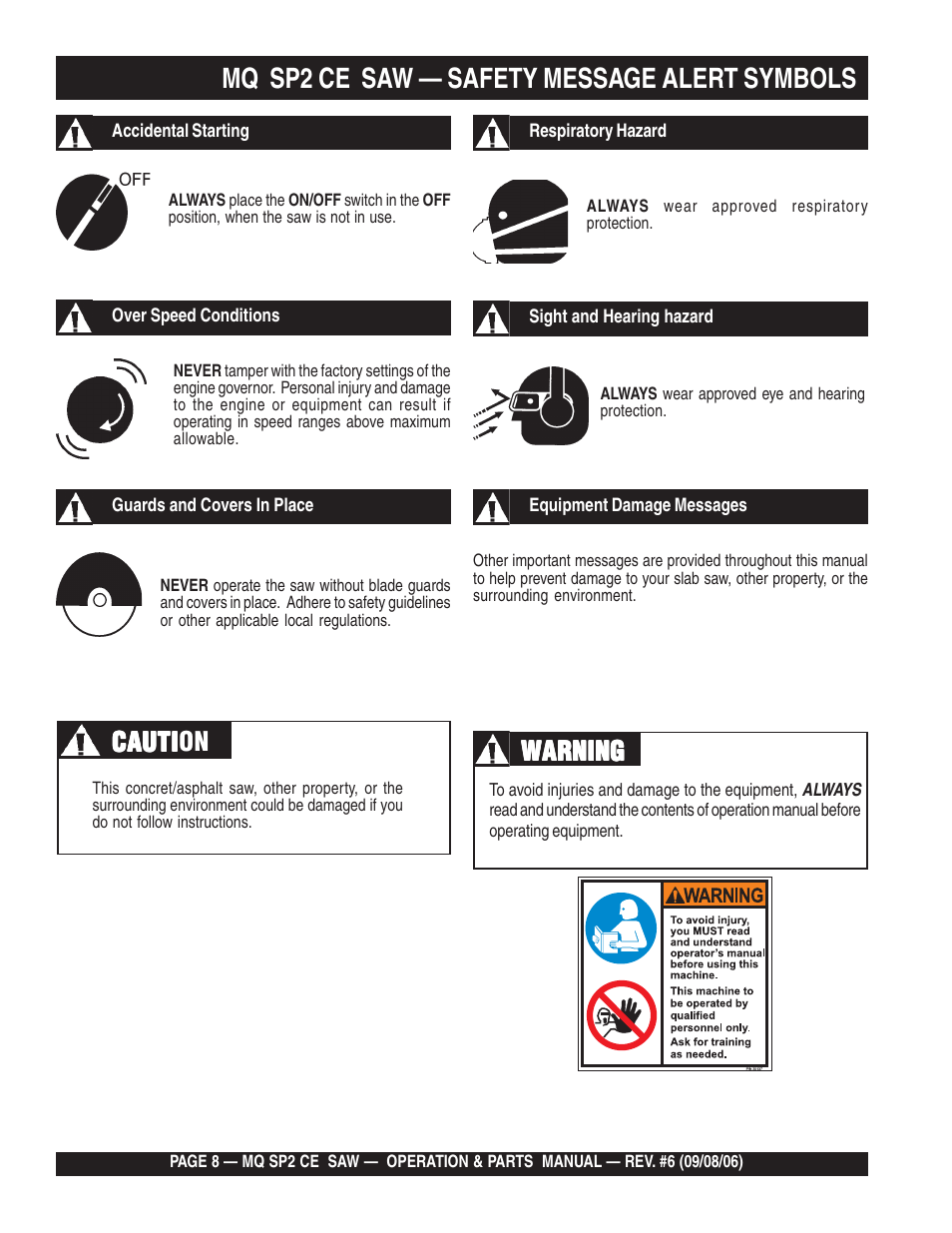 Mq sp2 ce saw — safety message alert symbols, Cauti, Cauti caution | Warning | Multiquip SP2 SCE20H20 User Manual | Page 8 / 158