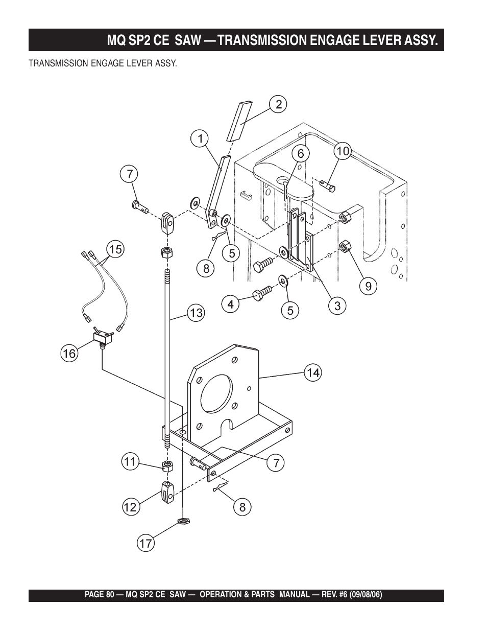 Mq sp2 ce saw — transmission engage lever assy | Multiquip SP2 SCE20H20 User Manual | Page 80 / 158