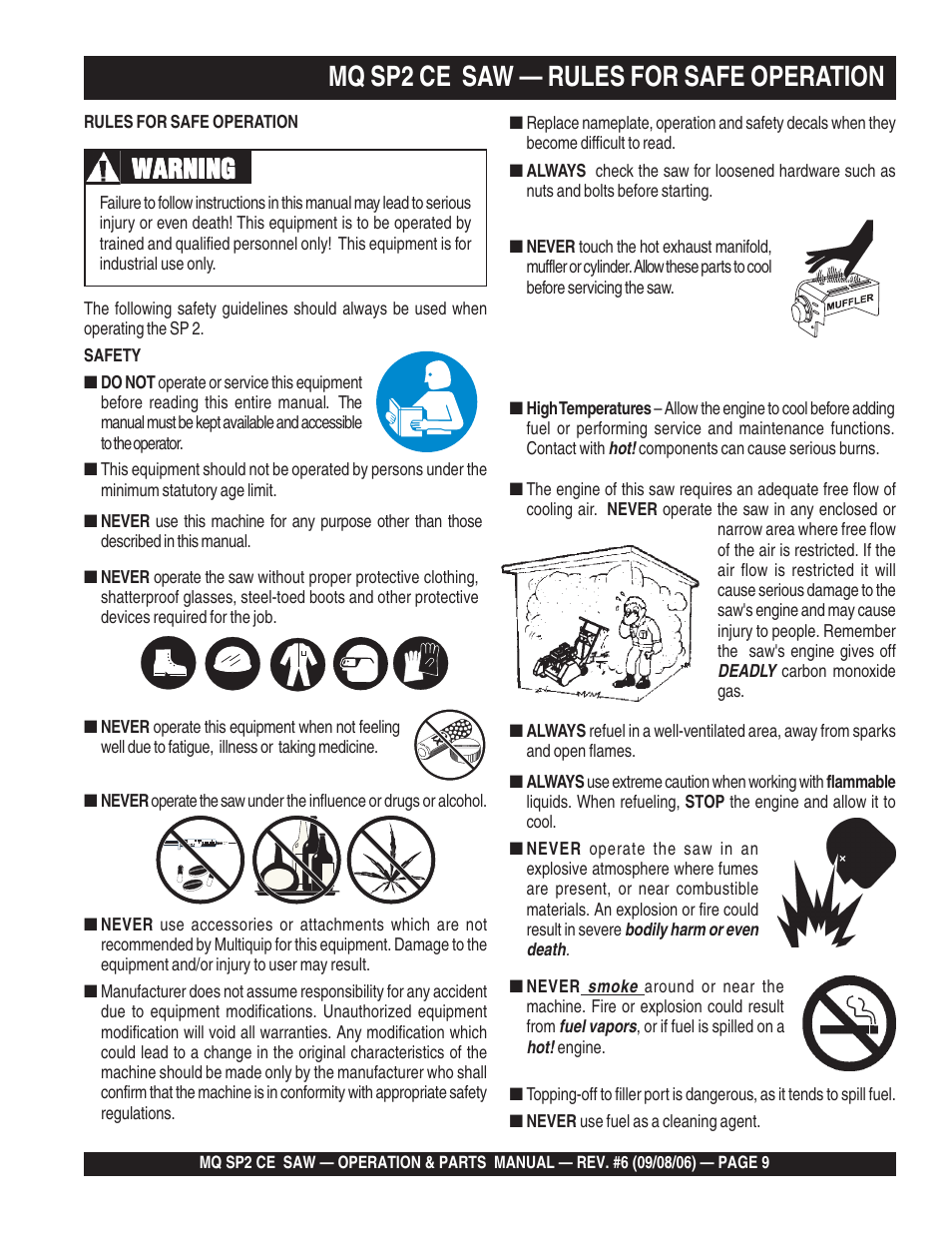 Mq sp2 ce saw — rules for safe operation, Warning | Multiquip SP2 SCE20H20 User Manual | Page 9 / 158