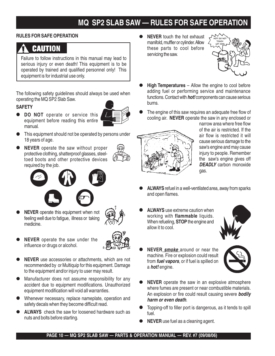 Mq sp2 slab saw — rules for safe operation, Cauti, Cauti caution | Multiquip SP2S20H20 User Manual | Page 10 / 152