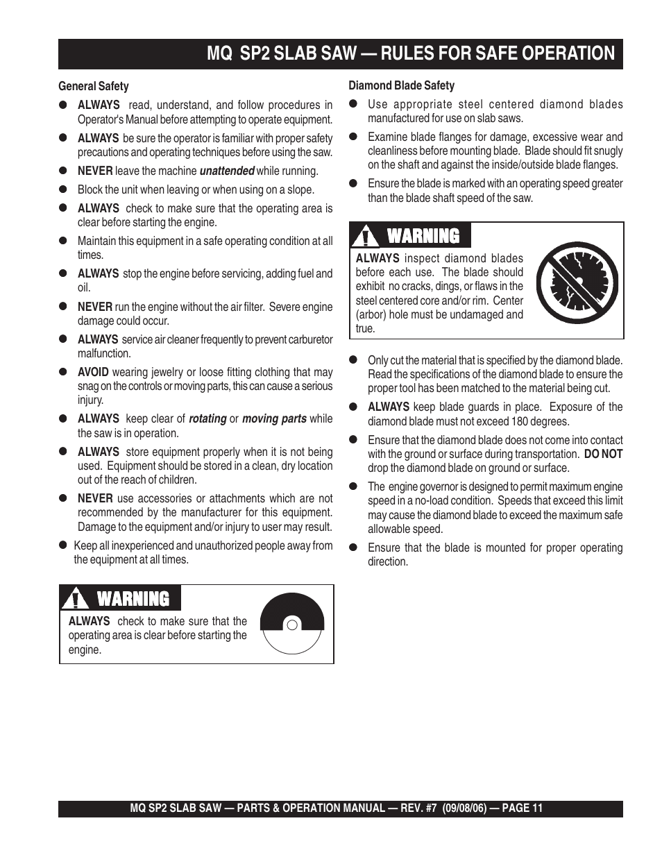 Mq sp2 slab saw — rules for safe operation, Warning | Multiquip SP2S20H20 User Manual | Page 11 / 152