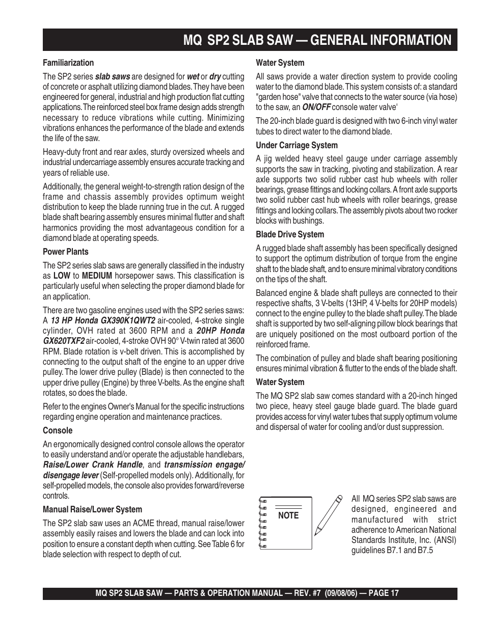 Mq sp2 slab saw — general information | Multiquip SP2S20H20 User Manual | Page 17 / 152
