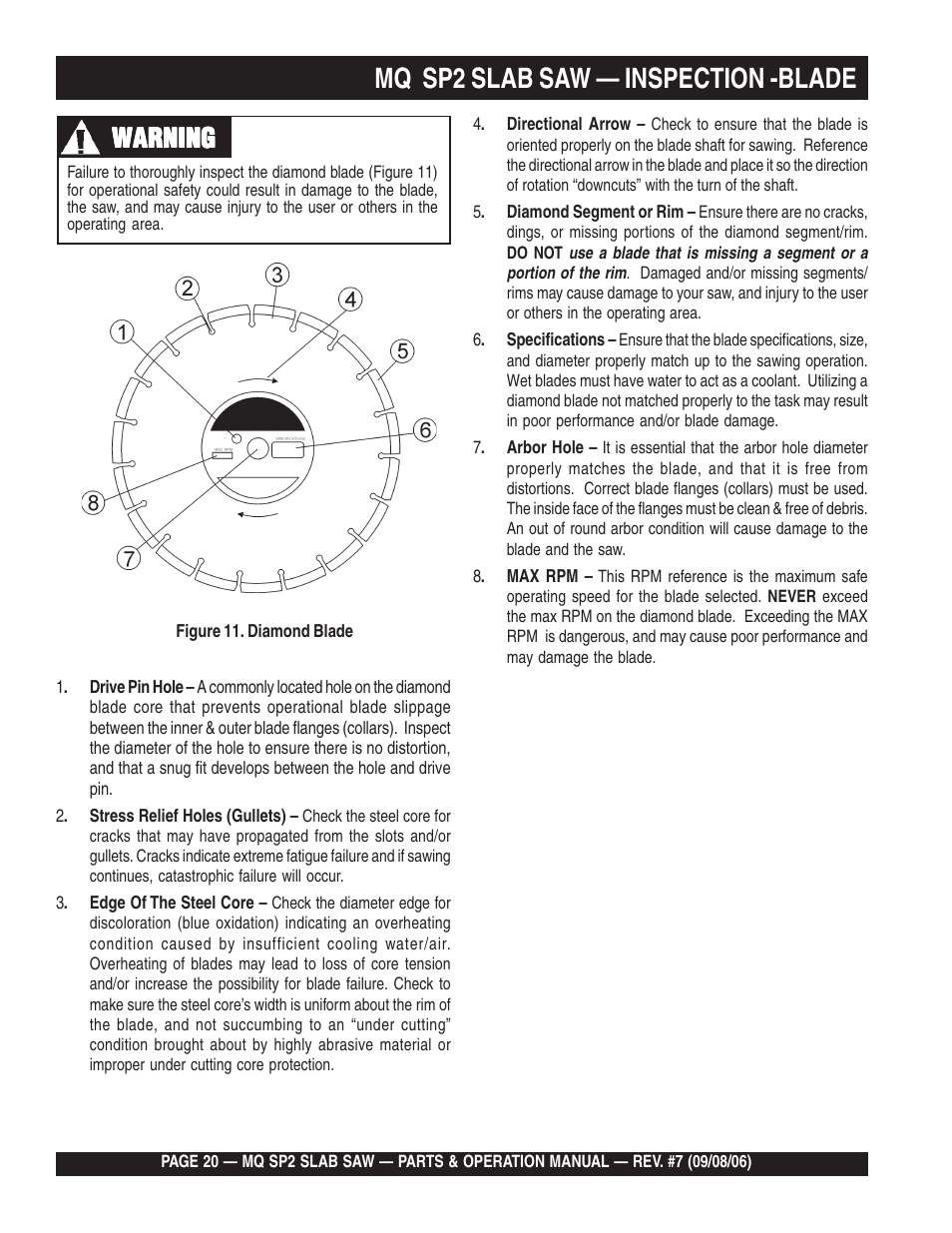 Mq sp2 slab saw — inspection -blade, Warning | Multiquip SP2S20H20 User Manual | Page 20 / 152