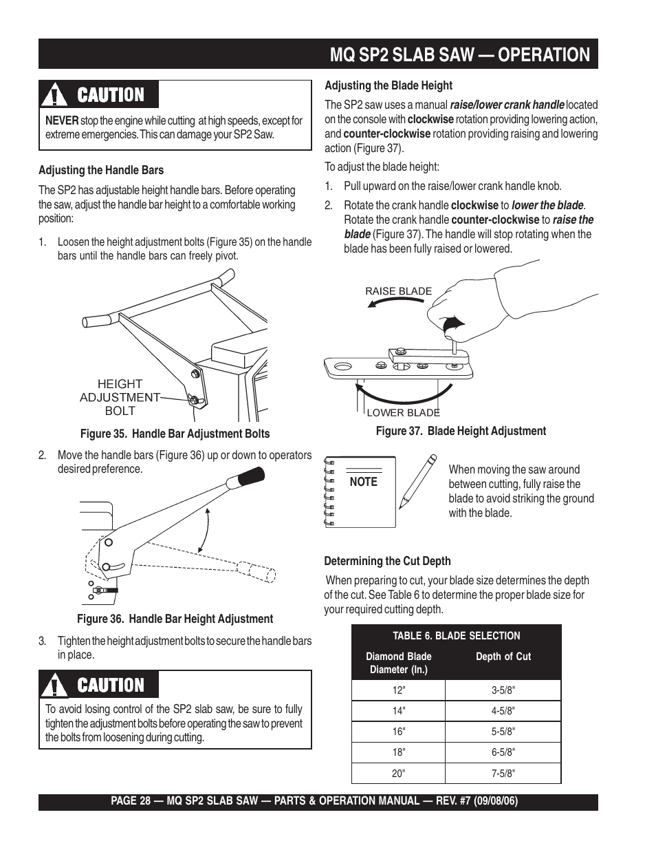 Mq sp2 slab saw — operation, Cauti, Cauti caution | Multiquip SP2S20H20 User Manual | Page 28 / 152