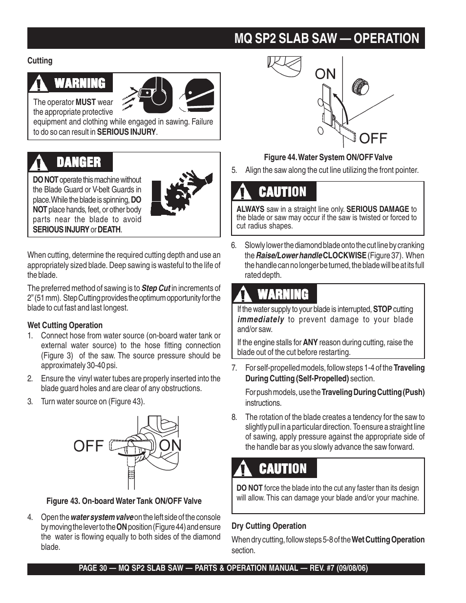 Mq sp2 slab saw — operation, Warning, Cauti | Danger, Cauti caution | Multiquip SP2S20H20 User Manual | Page 30 / 152