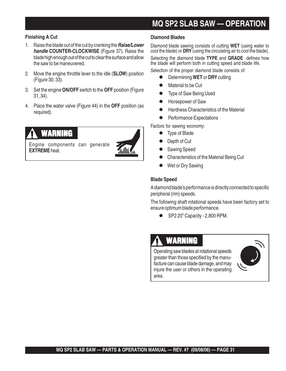 Mq sp2 slab saw — operation, Warning | Multiquip SP2S20H20 User Manual | Page 31 / 152