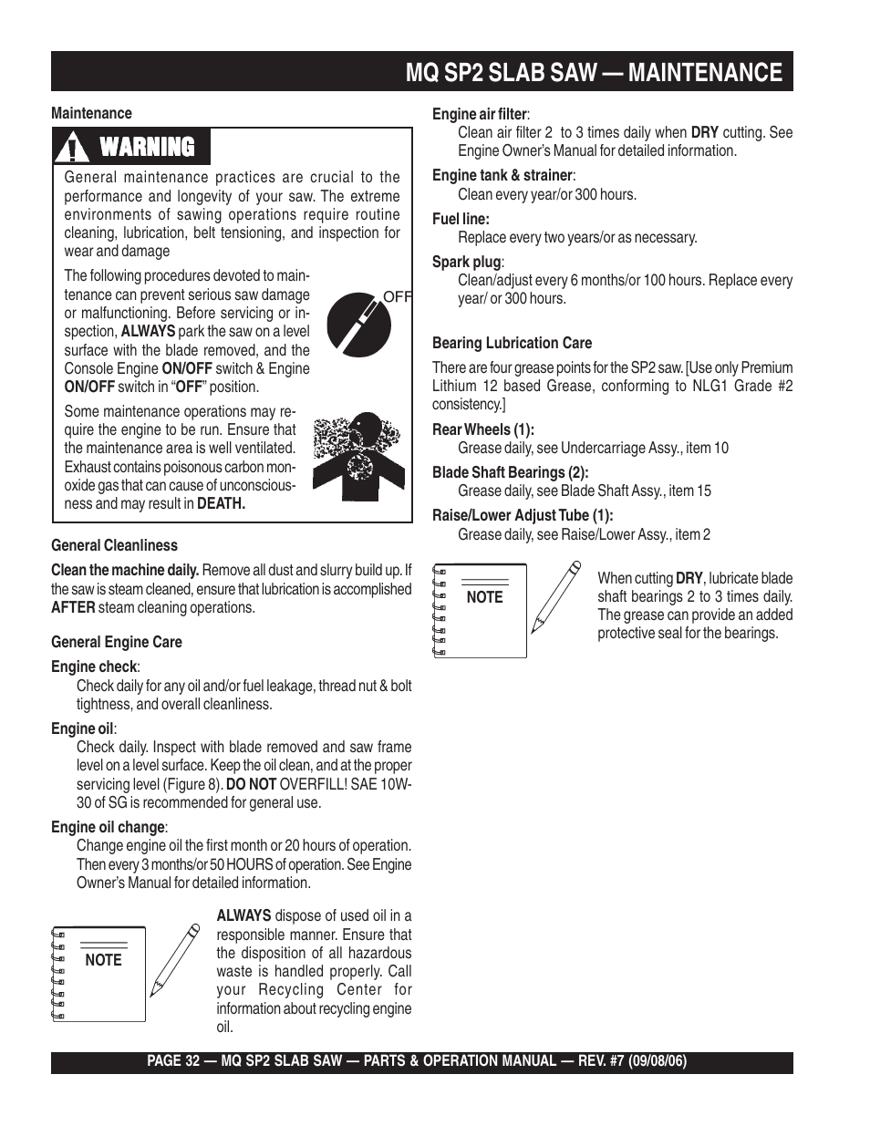 Mq sp2 slab saw — maintenance, Warning | Multiquip SP2S20H20 User Manual | Page 32 / 152