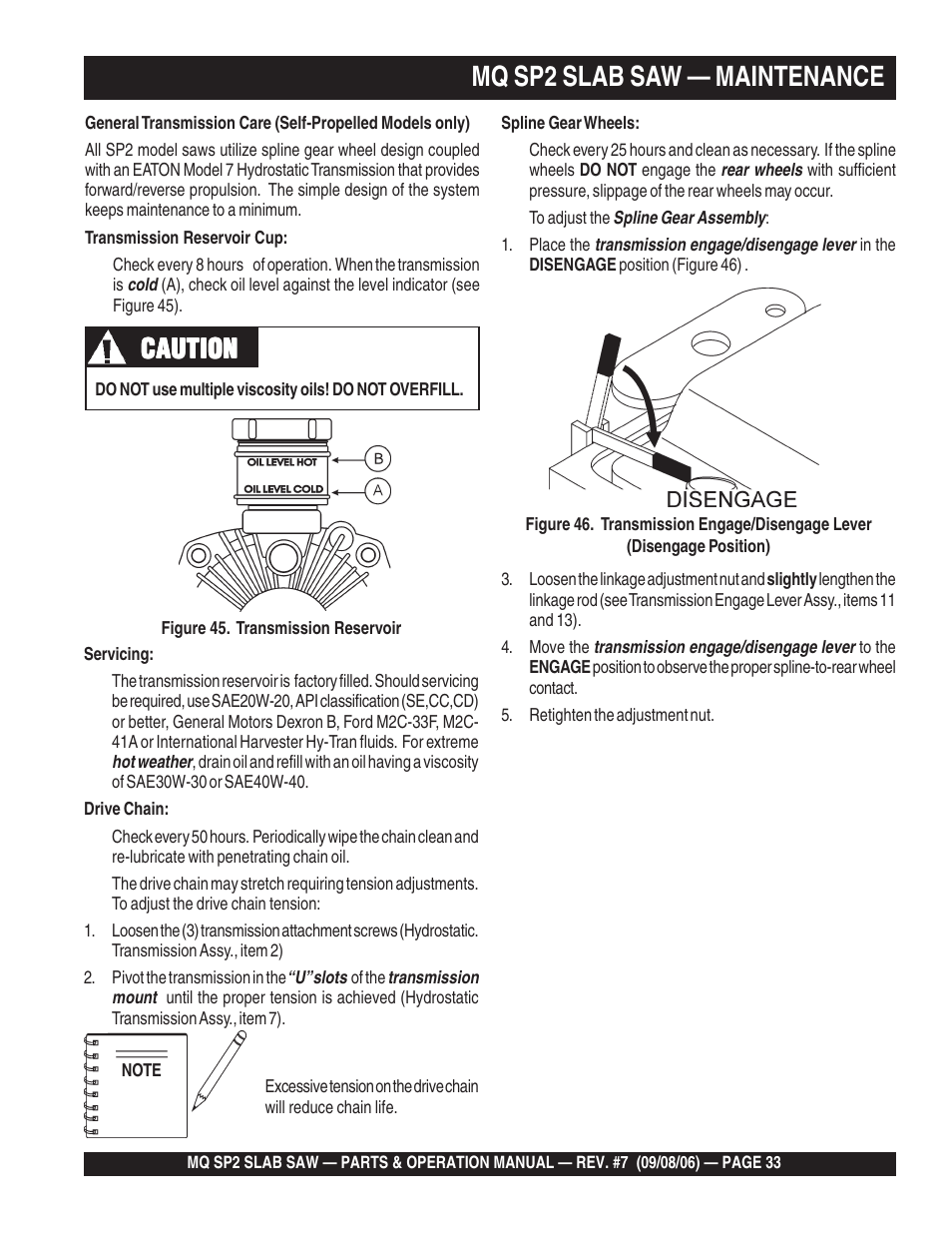 Mq sp2 slab saw — maintenance, Caution | Multiquip SP2S20H20 User Manual | Page 33 / 152