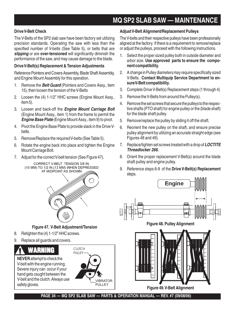 Mq sp2 slab saw — maintenance, Warning | Multiquip SP2S20H20 User Manual | Page 34 / 152