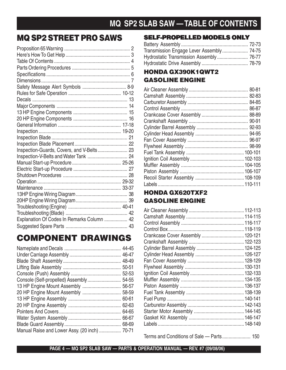 Mq sp2 slab saw — table of contents, Mq sp2 street pro saws, Component | Drawings | Multiquip SP2S20H20 User Manual | Page 4 / 152