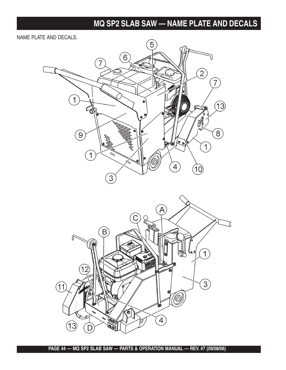 Mq sp2 slab saw — name plate and decals | Multiquip SP2S20H20 User Manual | Page 44 / 152