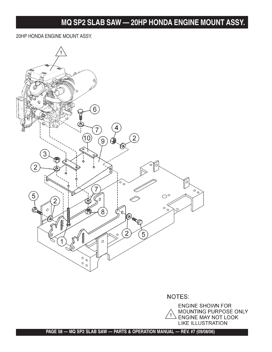 Mq sp2 slab saw — 20hp honda engine mount assy | Multiquip SP2S20H20 User Manual | Page 58 / 152