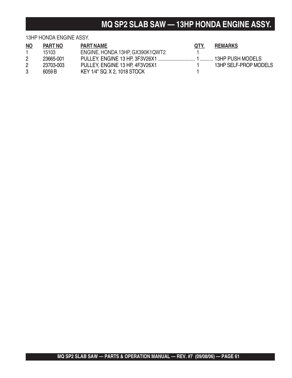 Mq sp2 slab saw — 13hp honda engine assy | Multiquip SP2S20H20 User Manual | Page 61 / 152