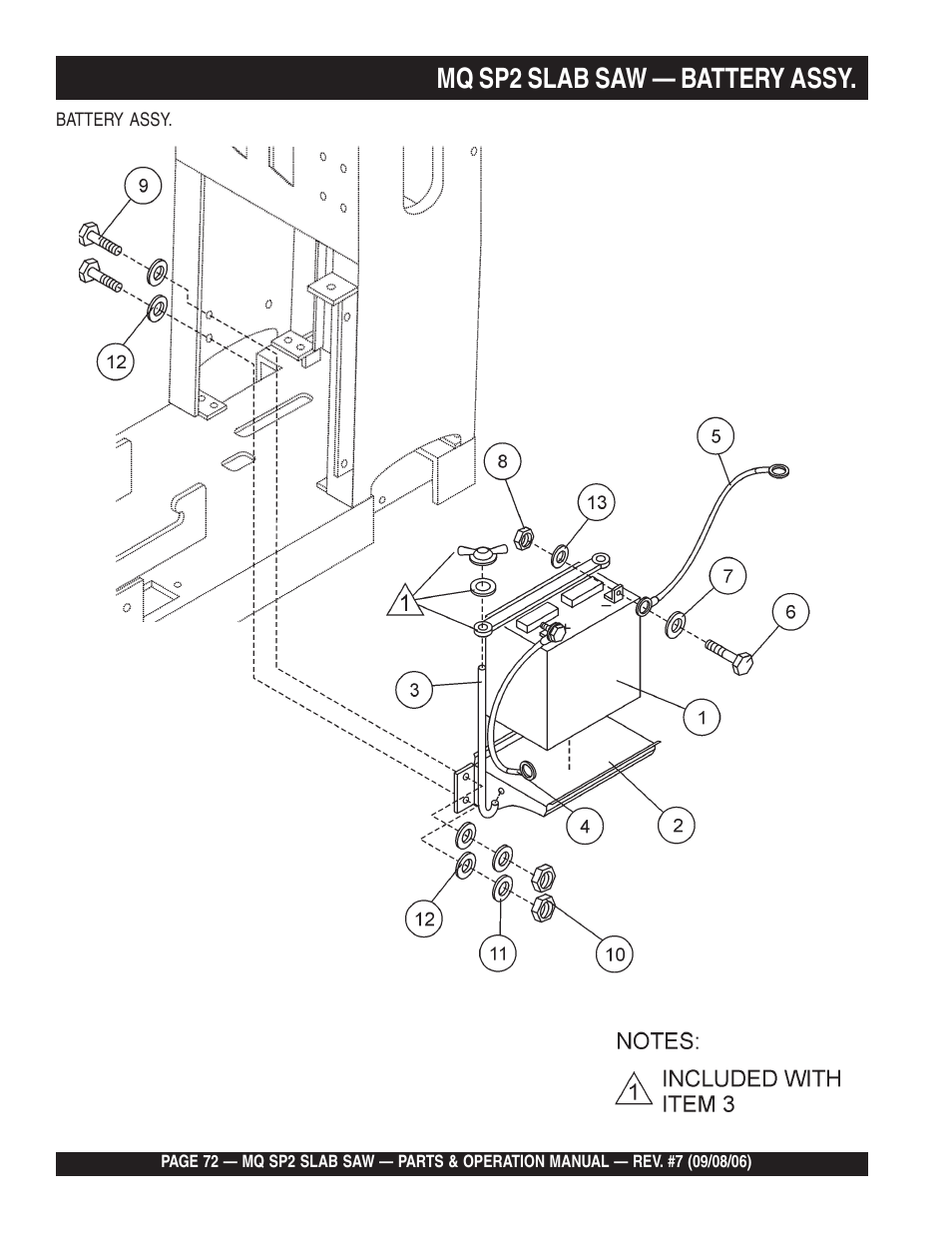 Mq sp2 slab saw — battery assy | Multiquip SP2S20H20 User Manual | Page 72 / 152