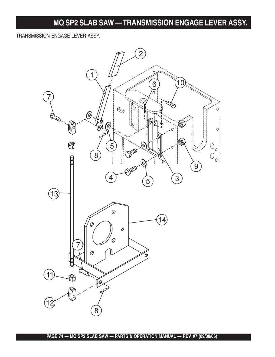 Mq sp2 slab saw — transmission engage lever assy | Multiquip SP2S20H20 User Manual | Page 74 / 152