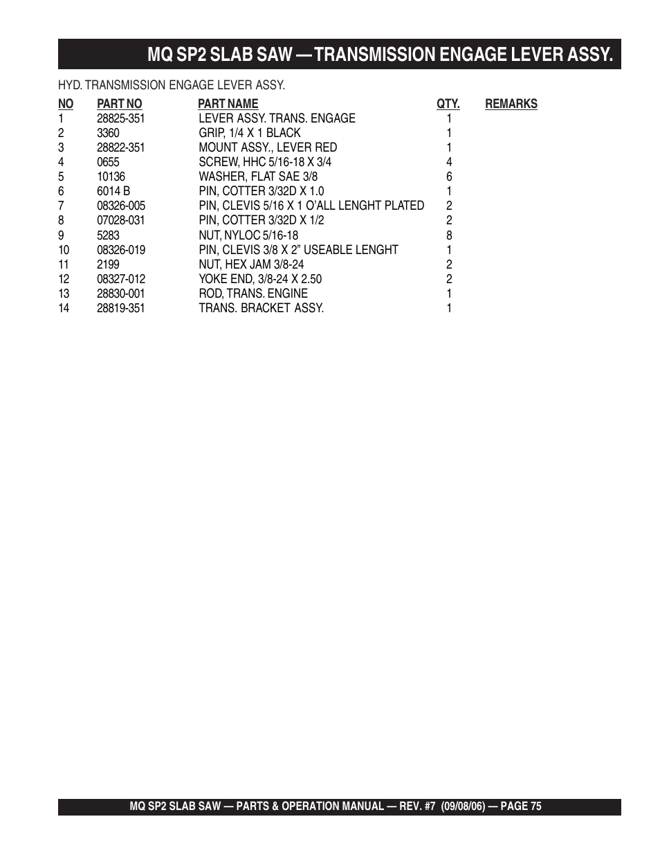 Mq sp2 slab saw — transmission engage lever assy | Multiquip SP2S20H20 User Manual | Page 75 / 152