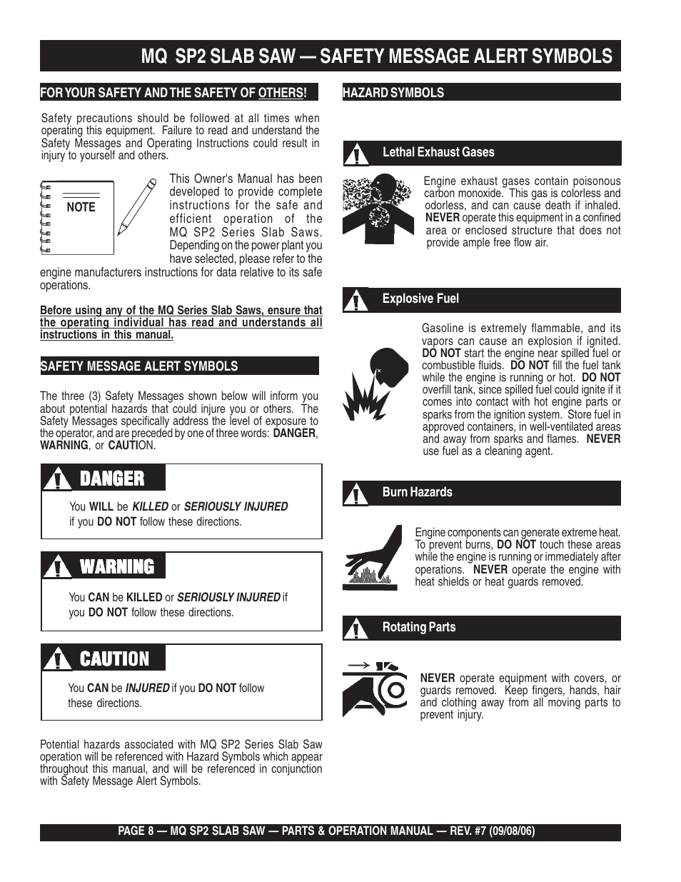 Mq sp2 slab saw — safety message alert symbols, Cauti | Multiquip SP2S20H20 User Manual | Page 8 / 152