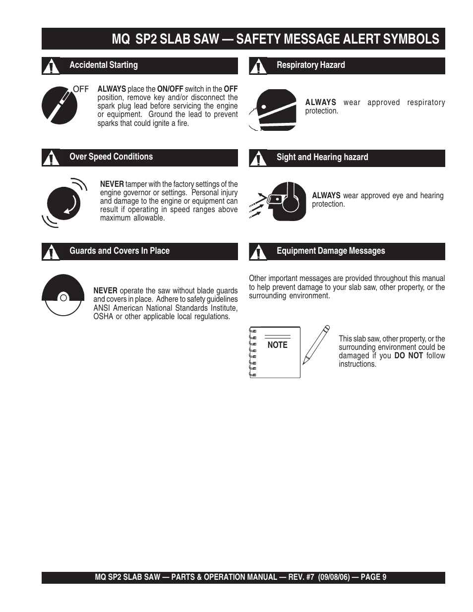 Mq sp2 slab saw — safety message alert symbols | Multiquip SP2S20H20 User Manual | Page 9 / 152