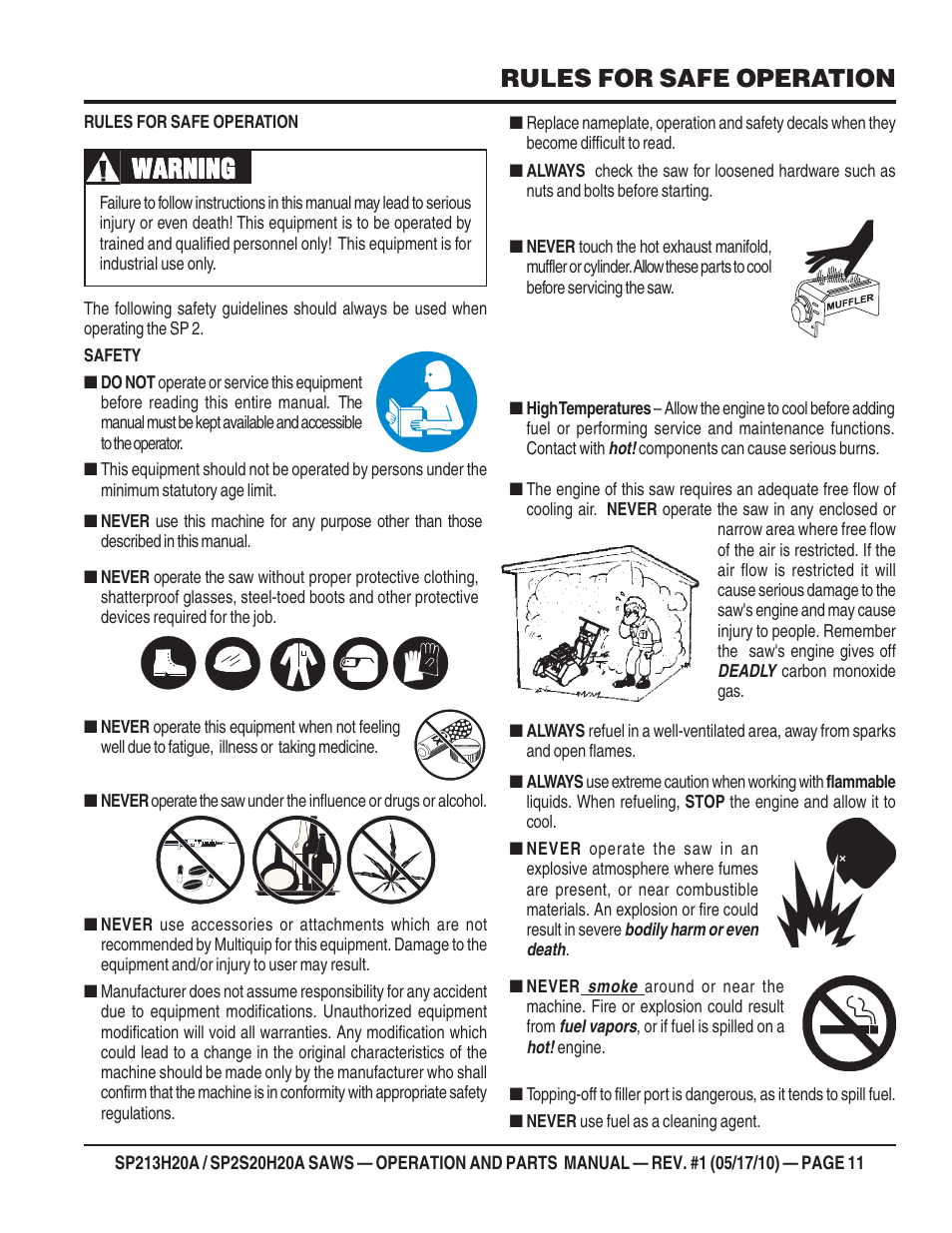 Warning, Rules for safe operation | Multiquip SP2S20H20A User Manual | Page 11 / 160