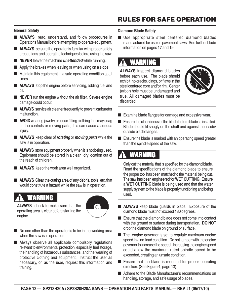 Warning, Rules for safe operation | Multiquip SP2S20H20A User Manual | Page 12 / 160