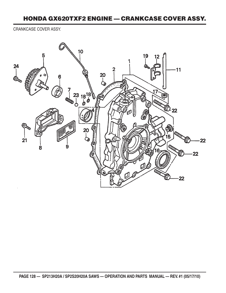 Honda gx620txf2 engine — crankcase cover assy | Multiquip SP2S20H20A User Manual | Page 128 / 160