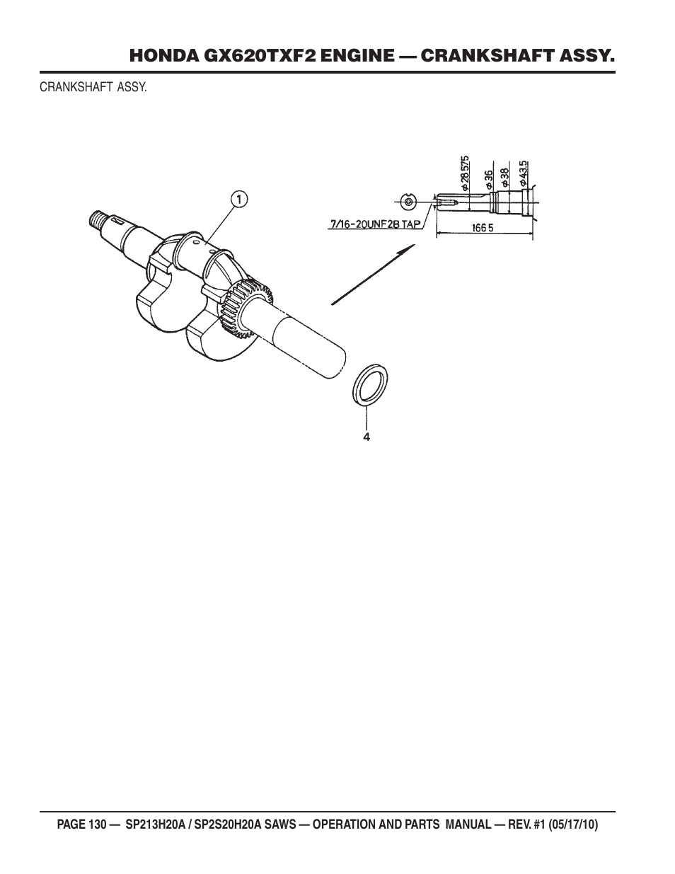 Honda gx620txf2 engine — crankshaft assy | Multiquip SP2S20H20A User Manual | Page 130 / 160
