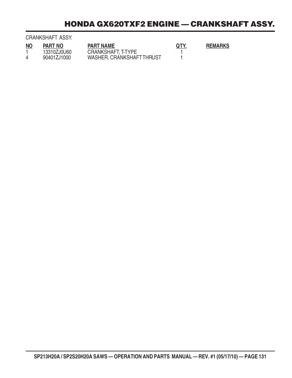 Honda gx620txf2 engine — crankshaft assy | Multiquip SP2S20H20A User Manual | Page 131 / 160